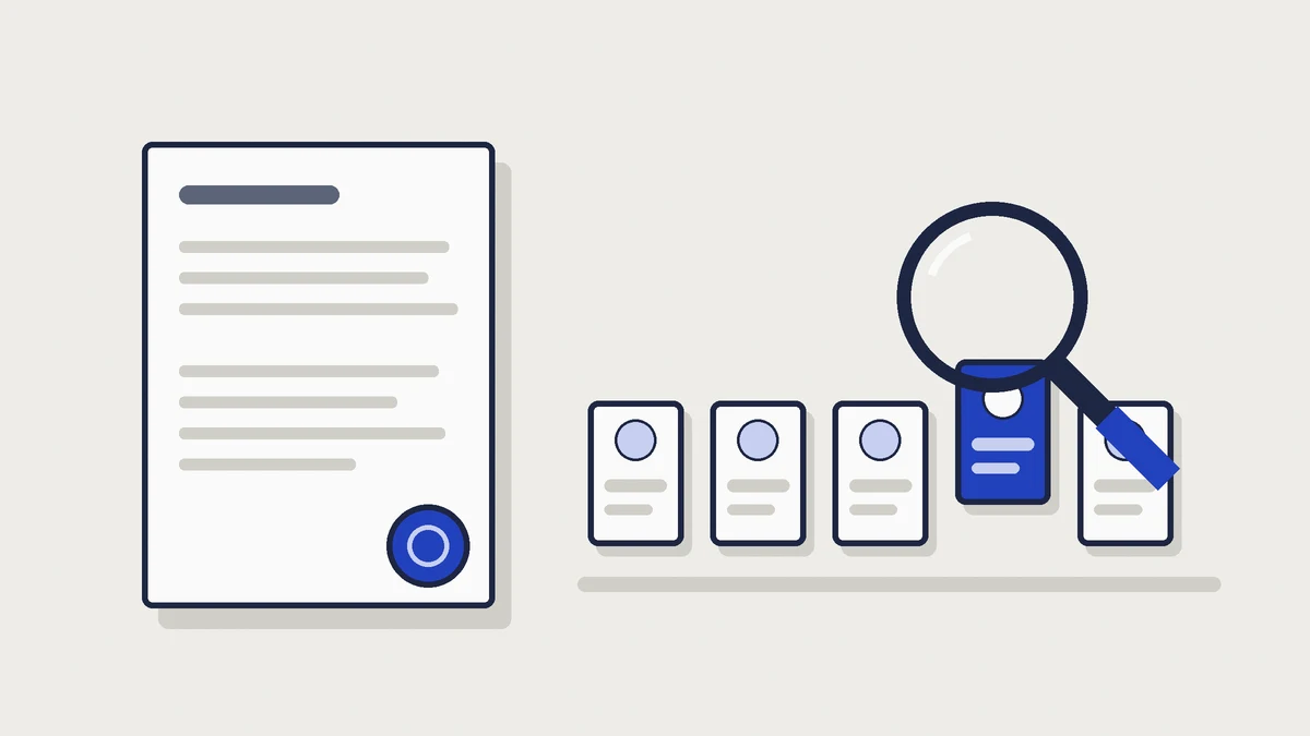 Flat illustration of a folded letter with a cobalt seal, a magnifying glass over a row of small cards, and one card raised in cobalt