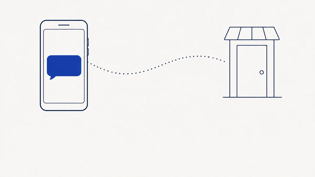 Flat line illustration of a phone showing a cobalt speech bubble, joined by a dotted line to the front door of a small clinic