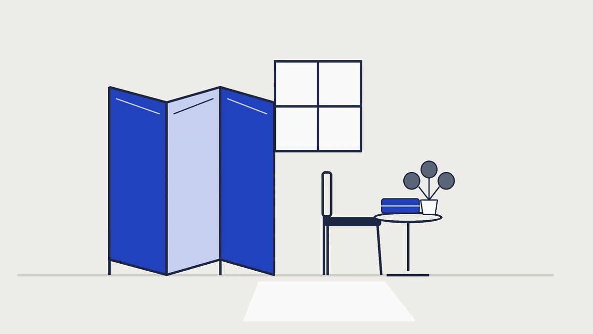 Flat illustration of a quiet treatment room: a half-open cobalt folding privacy screen, an empty chair, and a small table with a folded towel and a plant