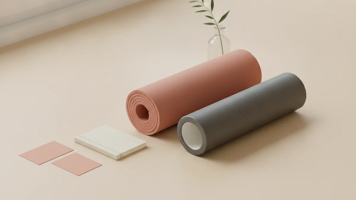 A rolled exercise mat, a foam roller and a blank terracotta card on a cream desk beside a small notebook and a single stem in a vase