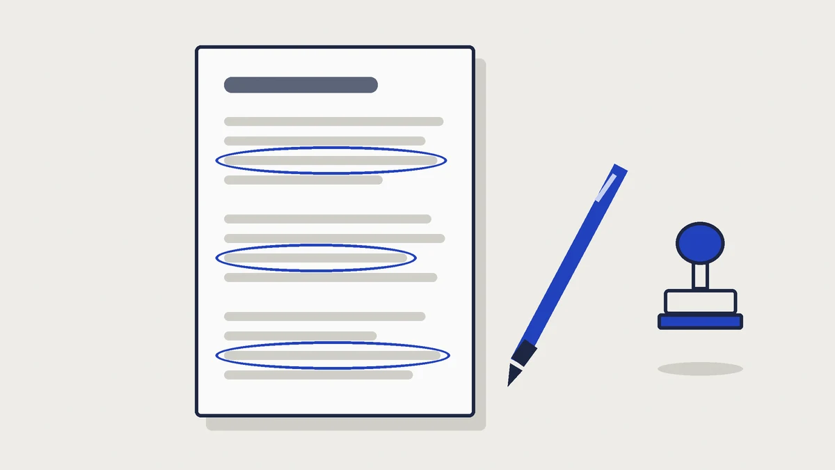 Flat illustration of a draft page with three lines circled in cobalt, a cobalt pen beside it, and a rubber stamp held just above the desk