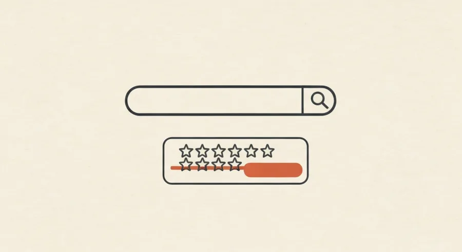 Search bar and five-star review card with two stars covered by a redaction bar