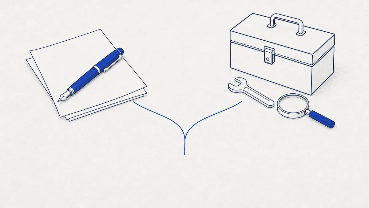 SEO writer vs SEO agency: a flat illustration of a cobalt pen on blank paper beside a closed toolbox, with a cobalt line forking between them