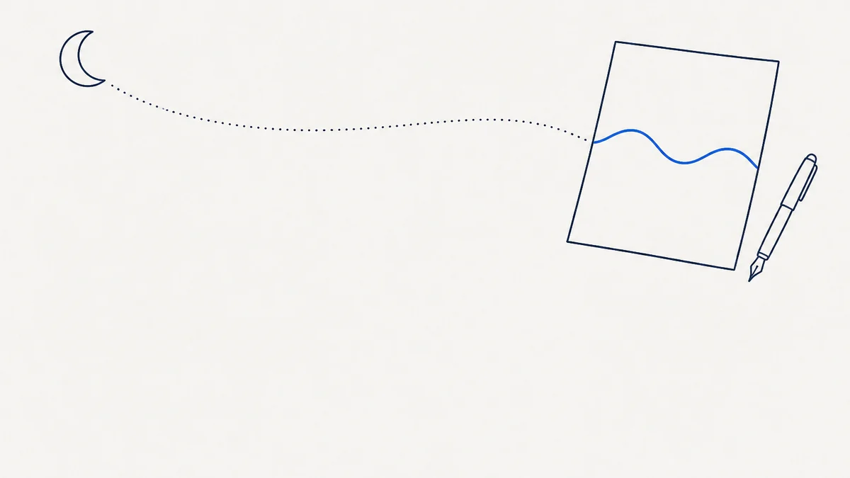 Flat line illustration of a crescent moon joined by a dotted line to a report sheet with one cobalt breathing trace and a pen beside it