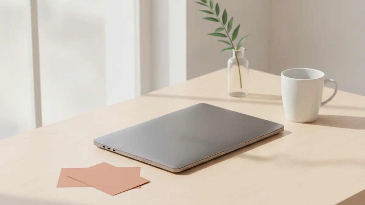 A closed laptop and a plain white mug on a cream desk beside two blank terracotta cards, with a single stem in a small vase