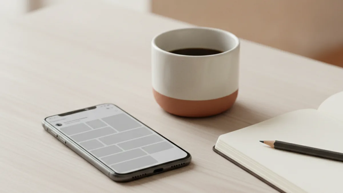 A smartphone on a desk showing an abstract social media feed, illustrating TGA social media rules for clinics in Australia