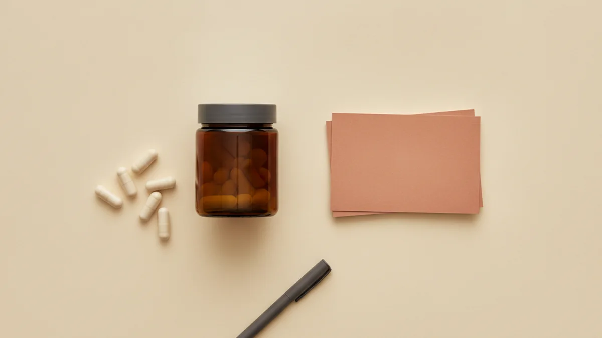 A plain unlabelled amber supplement jar and loose capsules beside a short stack of blank terracotta cards on a cream desk