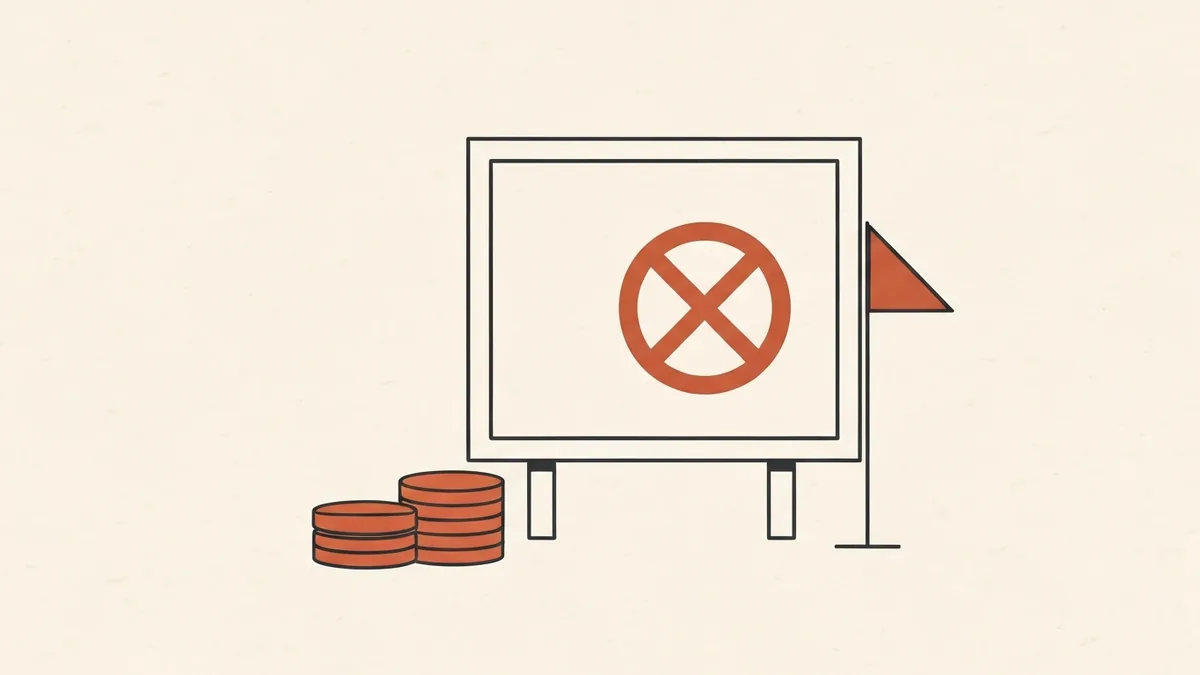 An advertising billboard marked with a prohibition symbol beside stacks of coins, showing a weight-loss ad pulled down