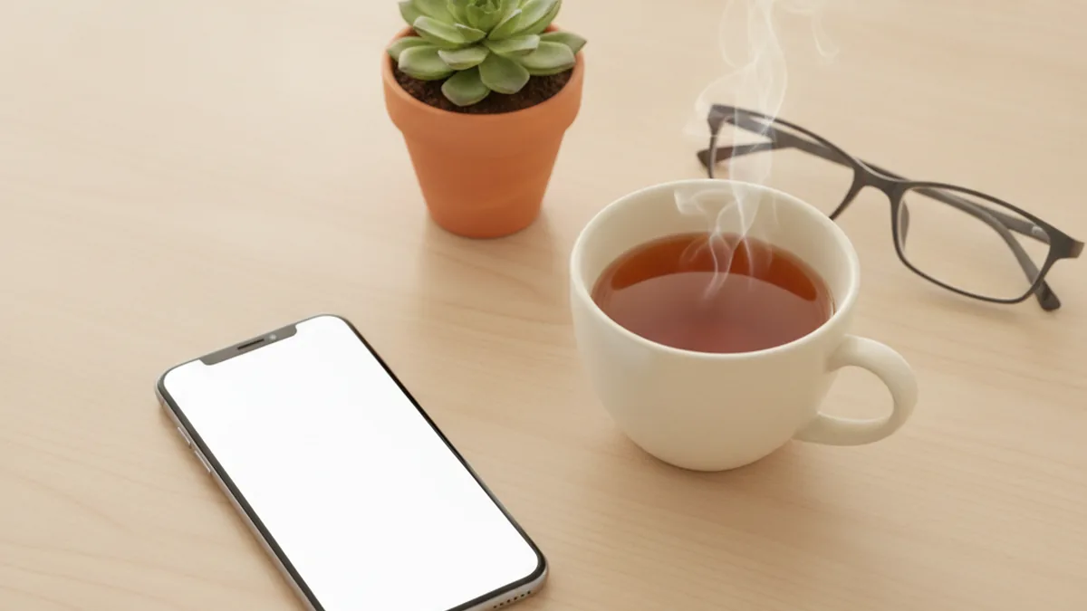 A smartphone with a blank screen resting on a clean desk beside a cup of tea, reading glasses and a small plant, in warm cream and terracotta tones
