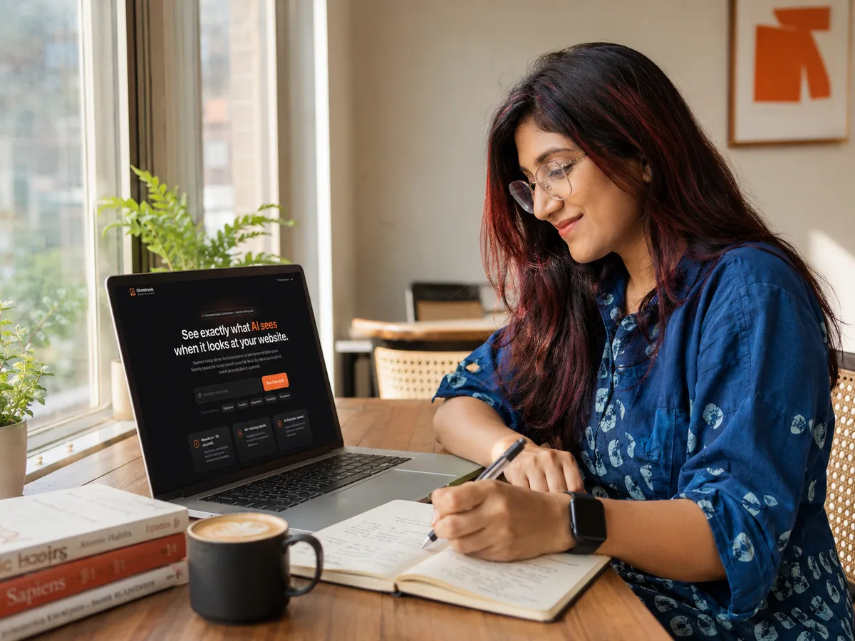 Amisha Sharma writing at her desk with GhostRank on laptop