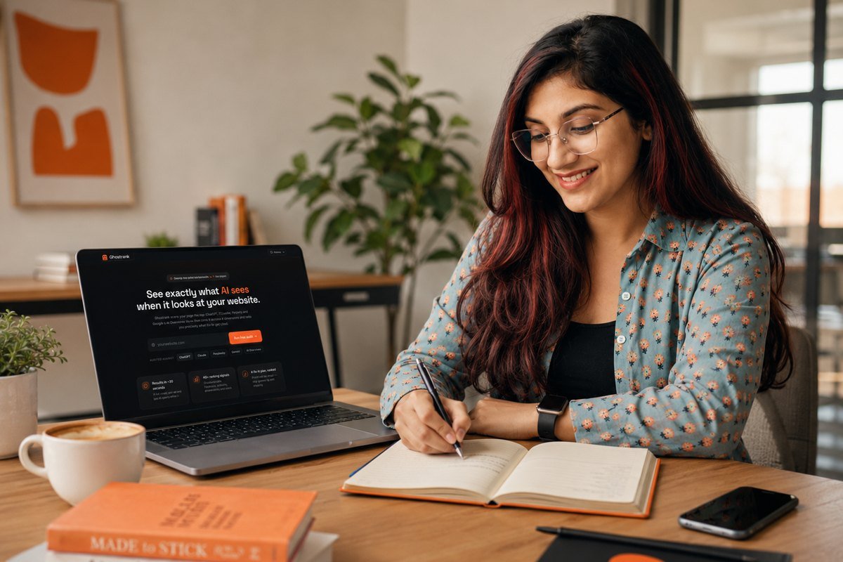 Amisha Sharma auditing a client page in GhostRank at her desk