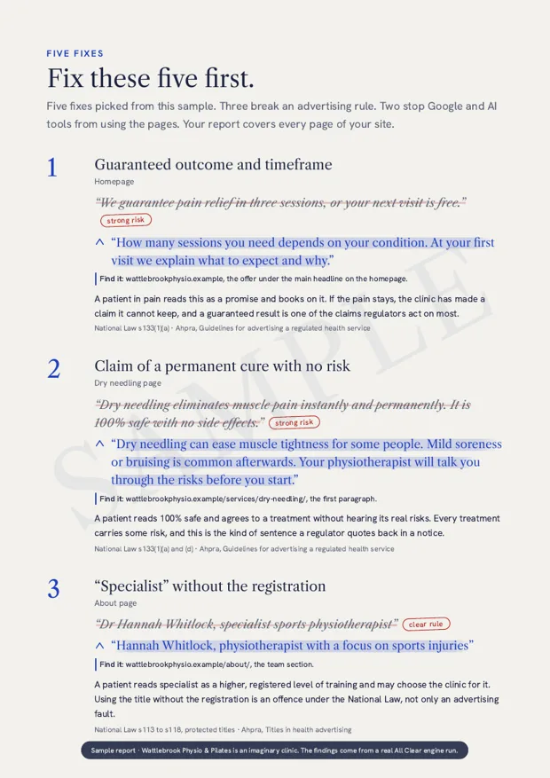 Sample report page: risky lines struck through in red pen with the new lines written in