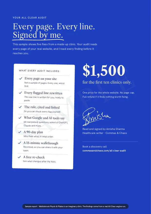 Sample report last page: what every audit includes, signed by Amisha Sharma